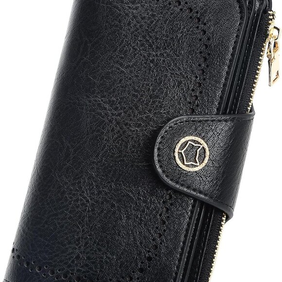 Black women's RFID blocking PU leather trifold wallet with ID window and multipl - Picture 1 of 8